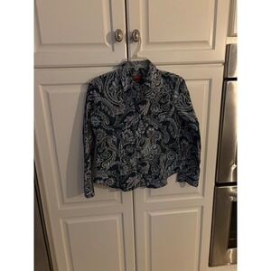 Talbots Haberdashery Petites Navy Blue Paisley Button Down Shirt Blouse 4P